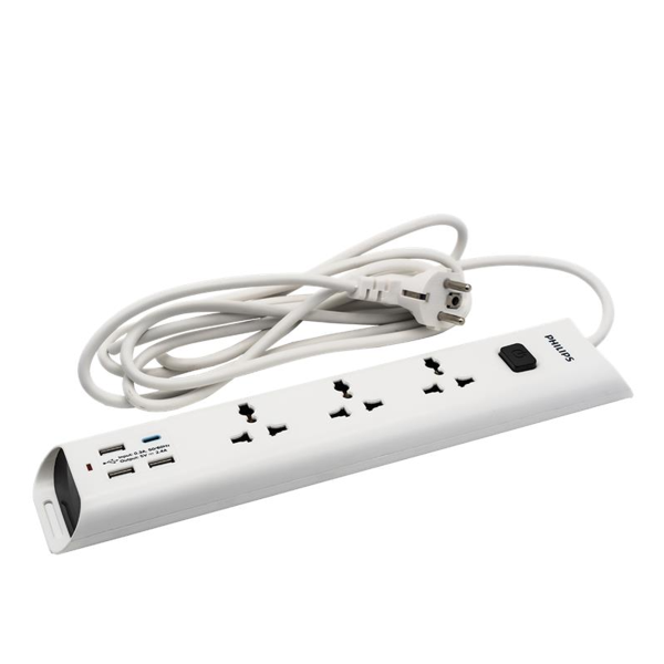 Ổ cắm điện Philips CHP4335WB, 3 lỗ, 3m, 3 USB-A + 1 Type-C total 2.4A